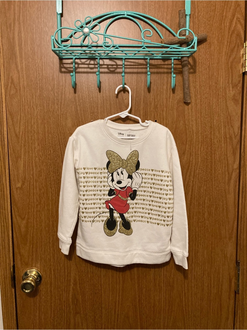 Disney Cream Sweatshirt with Gold Glitter Minnie and Red Dress